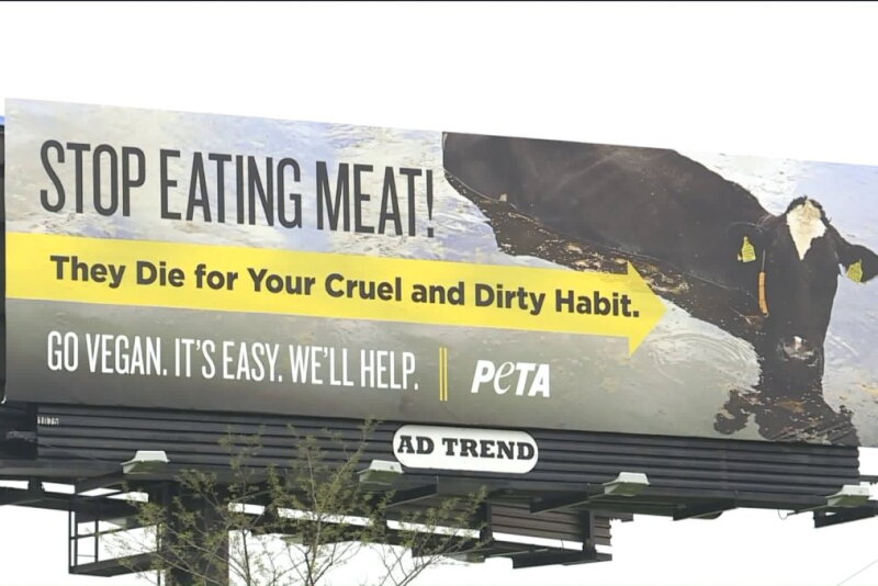 A billboard from People for the Ethical Treatment of Animals (PETA) doesn't appear to be meeting the animal rights group's goals of pushing people to a vegan diet after being installed in Kansas City, Missouri. 