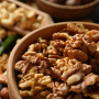 Shelled walnuts in a wooden bowl