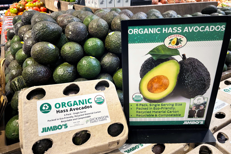 Jimbo’s has partnered with a local grower, Dickinson Family Farms, to create an eco-friendly compostable pack to hold six small avocados.