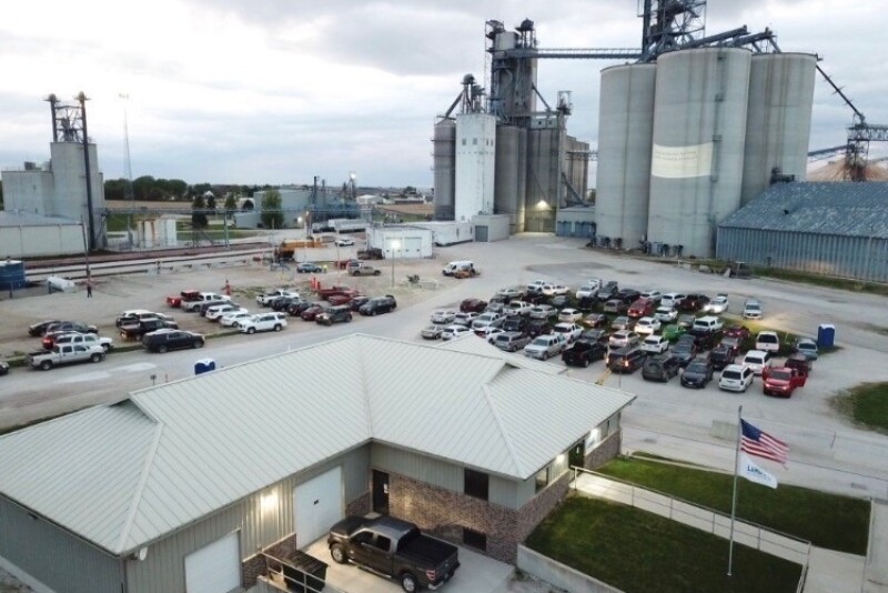 Frozen 2 was projected onto the grain elevator at Landus Cooperative in Jefferson, Iowa, for 110 parked cars. 