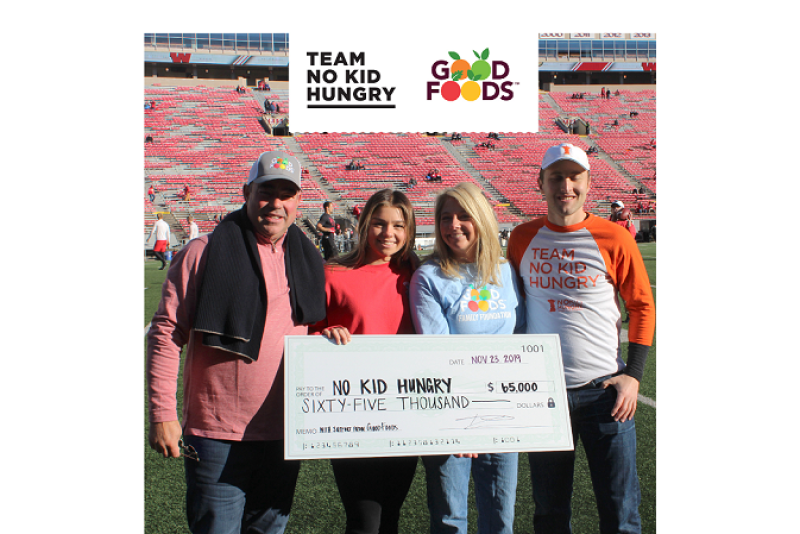 Good Foods has donated $65,000 to No Kid Hungry in a campaign that included a partnership with the University of Wisconsin's football team. Good Foods' representatives presented a check to the charity at the Badgers' final home game Nov. 23.