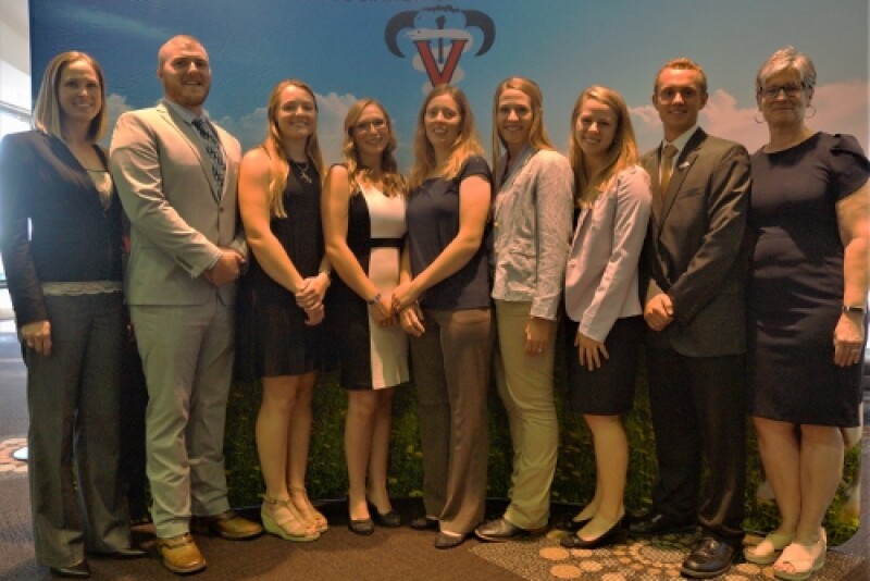 2019 Amtutz Scholarship Fund Recipients. (L-R): AABP Amstutz Chair Dr. Callie Willingham, AustinWenck, Megan Oswald, Shelbey Nagle, KaraLyn Lonngren, Liz Forker, Grace Ertle, Jonathan Richardson, AABPFoundation Chair Dr. Virginia Fajt



