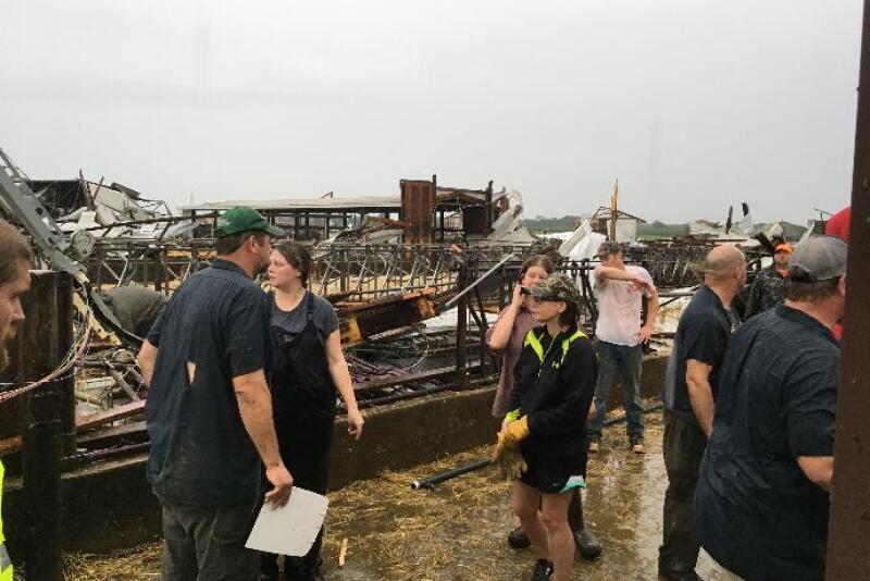 A tornado leveled a dairy barn at Pebble Knolls Dairy near Waupun, Wis.
