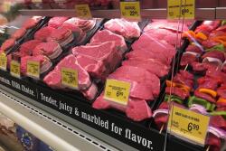 Fresh beef in the meat case at a Safeway grocery store in Colorado.
