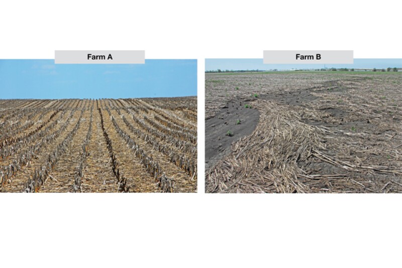 Residue remains in place on Farm A, while rainfall has obviously washed away soil and residue on Farm B, reflecting the  differences in soil health of the two fields. After three years of improving soil health, those differences are far less evident.