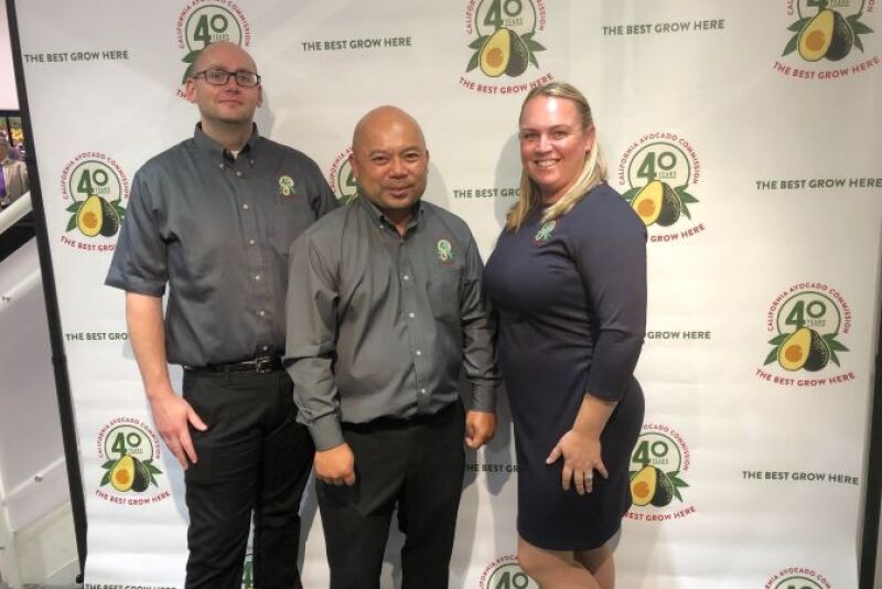 Zac Benedict, online marketing director for the California Avocado Commission, Irvine,  Calif., with David Cruz, business development director, and April Aymami, industry affairs director. The commission was concluding its celebation of its 40th anniversary at Fresh Summit.

