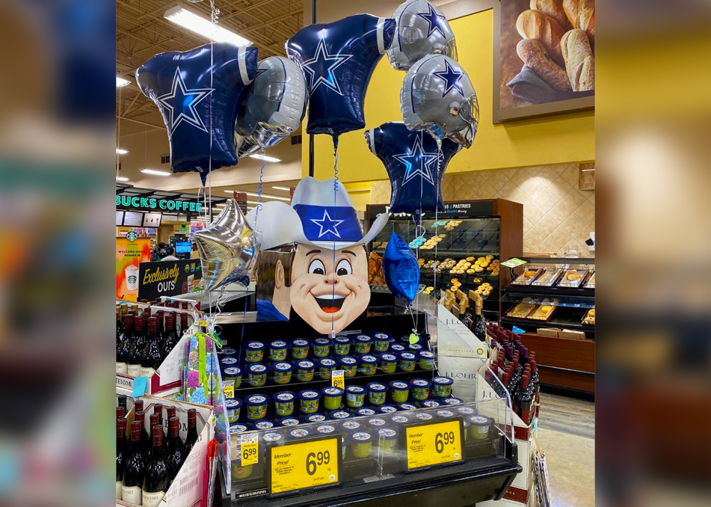 A Dallas Cowboys-themed Super Bowl merchandising display