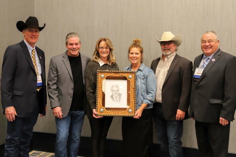 Pictured (l to r) are: 2020 American Hereford Association (AHA) President Joel Birdwell, Barry and Pam Healey, Janet and Brian Healey and AHA Board director Bruce Everhart.
