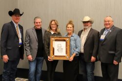 Pictured (l to r) are: 2020 American Hereford Association (AHA) President Joel Birdwell, Barry and Pam Healey, Janet and Brian Healey and AHA Board director Bruce Everhart.