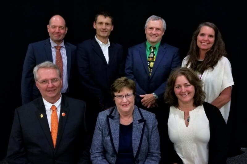 The USAHA Executive Committee includes: Front row, from left: Boyd Parr, DVM SC, Past President; Barb Determan, IA, President, Kristin Haas, DVM, VT, President Elect. Back row, from left: Charlie Hatcher, DVM, TN, Third Vice President; Marty Zaluski, DVM, MT, First Vice President; Paul McGraw, DVM, WI, Second Vice President; Annette Jones, DVM, CA, Treasurer.