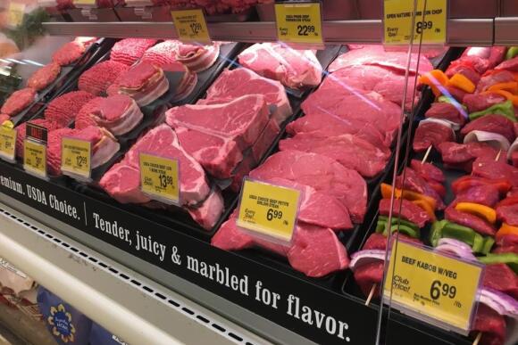 Fresh beef in the meat case at a Safeway grocery store in Colorado.
