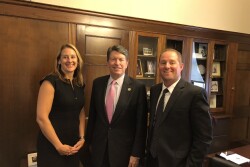 U.S. Apple Association board chair Kaari Stannard, president of New York Apples Sales,  and New York apple grower Brett Baker met with  Rep. John Faso, R-N.Y.,(center) and other lawmakers and staff Sept. 5 about apple industry priorities.