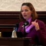 Betsy Bihn, directory of the Produce Safety Alliance, addresses attendees of a February water summit.