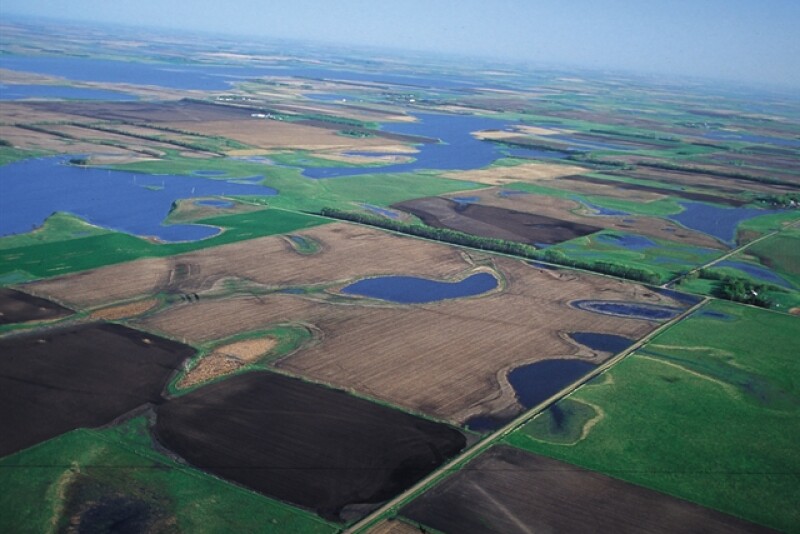 Aerial view of prairie pothole region in northeastern South Dakota.