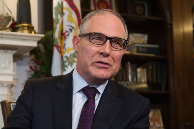 In this Jan. 4, 2017, file photo, Environmental Protection Agency (EPA) Administrator-designate Scott Pruitt answer a reporter's question during his meeting with Sen. Shelley Moore Capito, R-W.Va., on Capitol Hill in Washington.