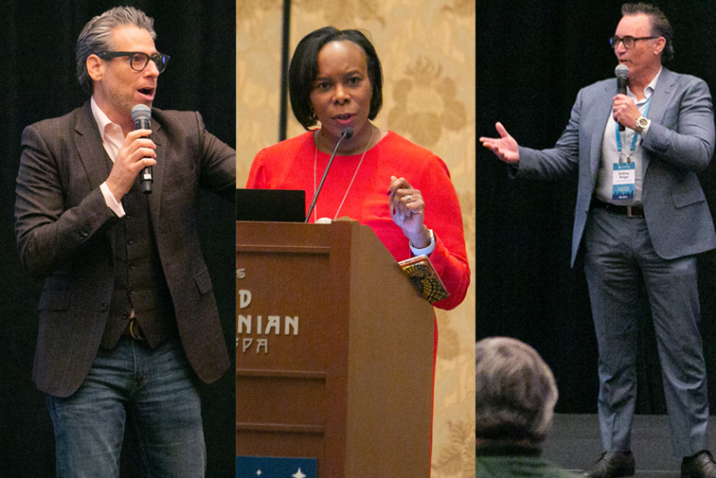 In three separate photos, two men and a women speak to an audience.