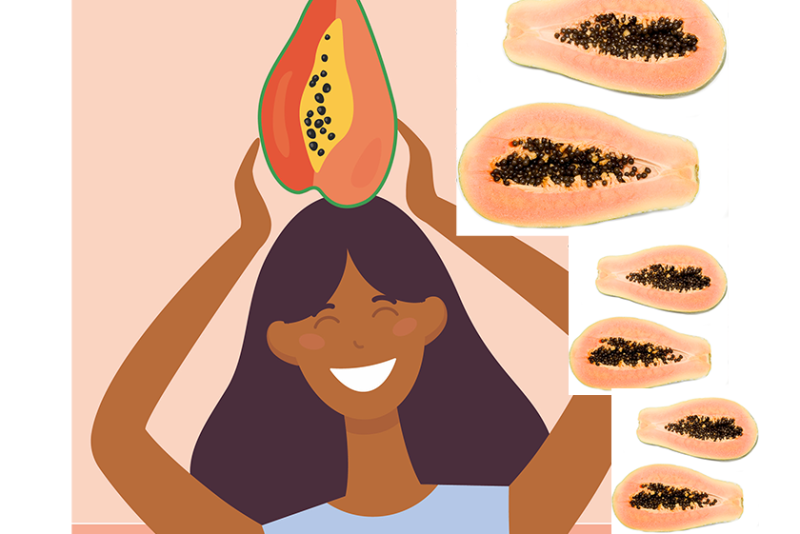 woman holding papaya on head