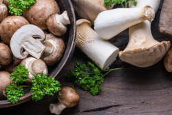 Mushrooms in a bowl and on a counter