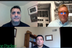 Rabobank fruit and vegetable analysts Roland Fumasi (upper left) and David Magana (center) in an April 28 interview with The Packer's Tom Karst (right).