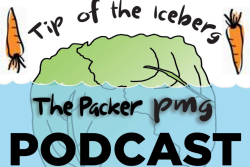 illustration of lettuce floating in water with carrots hovering over, logos of PMG and The Packer for podcast