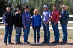 Left to right: Grant Gardiner, Greg Gardiner, Mark Gardiner, Lorna Marshall of Select Sires, Ransom Gardiner, Cole Gardiner and Quanah Gardiner.