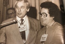  Bill Coon of The Packer presents Frieda Caplan with The Packer's Produce Marketer of the Year award at the 1979 Produce Marketing Association Convention.