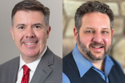 Two portrait-style headshots of two men are side by side. At left, the man is wearing a gray suit, with a white shirt and red tie. The man on the right is wearing a light blue collared shirt with a navy blue vest over it.