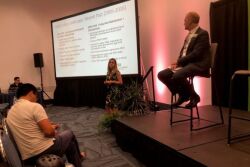  Devry Boughner Vorwerk, CEO of DevryBV Sustainable Strategies spoke extensively about the current trade environment and what the next few years might bring. Also pictured is Richard Owen, vice president of global membership and engagement for PMA and moderator of the panel.
