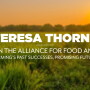 Farm land with text overlay: Teresa Thorne on the Alliance for Food and Farming's past successes, promising future