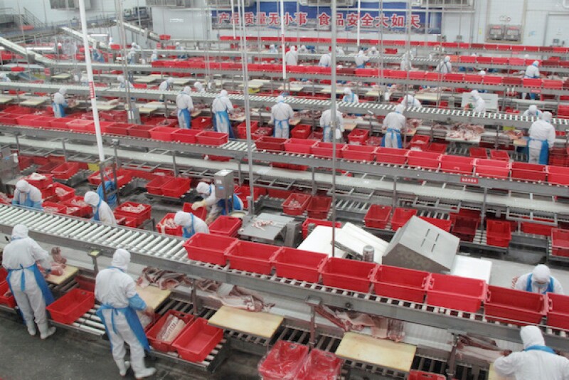 Workers sort cuts of fresh pork in a processing plant of pork producer WH Group in Zhengzhou, Henan province China, November 24, 2017. Picture taken through glass. REUTERS/Dominique Patton/File Photo 