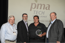PlantTape received the 2018 PMA Science & Technology Circle of Excellence award. Jeff Antle of PlantTape (center right), receives the award, presented by Bob Whitaker of PMA (right), Andy Kennedy of FoodLogiQ (center left) and Jim Brennan of SmartWash Solutions.