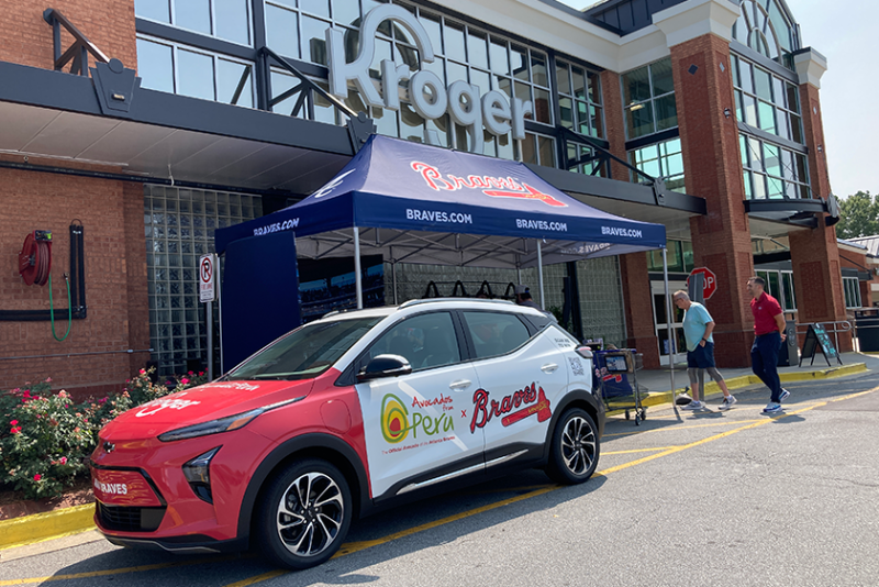 The AVO Braves Chevrolet Bolt EUV is shown Aug. 19 in front of the Kroger store on Sugarloaf Parkway in Duluth, Ga. 