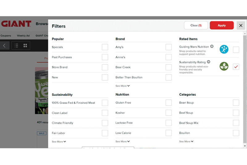 Consumers can search for products that have different sustainability attributes on The Giant Co.'s online platform.