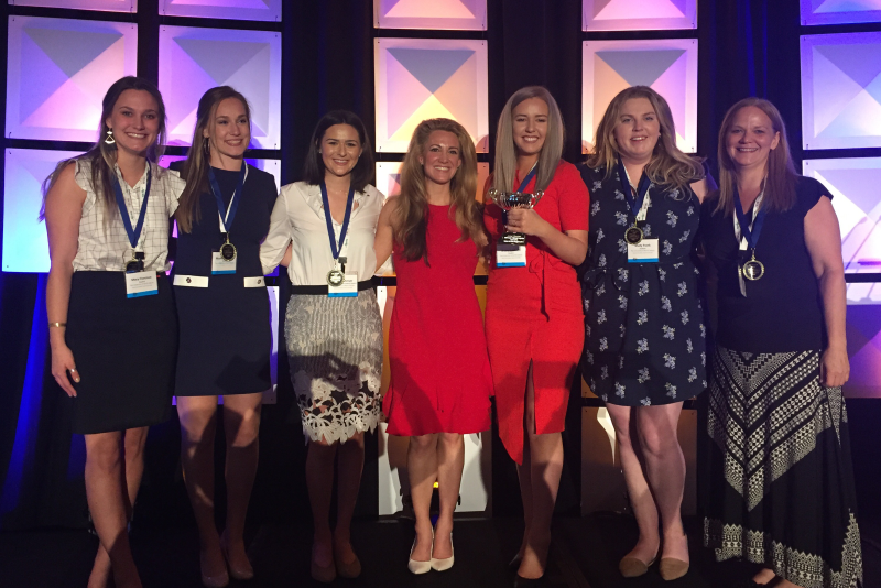 Students from University of North Dakota won the Produce for Better Health Foundation’s Formula 5 Marketing competition at PBH’s annual meeting April 6 in Scottsdale, Ariz. (from left) Macy Francisco, Nicole Polejewski, Mariah Shroyer, PBH CEO Wendy Reinhardt Kapsak, Briana Erickson, Molly Frank and professor Sandi Luck.