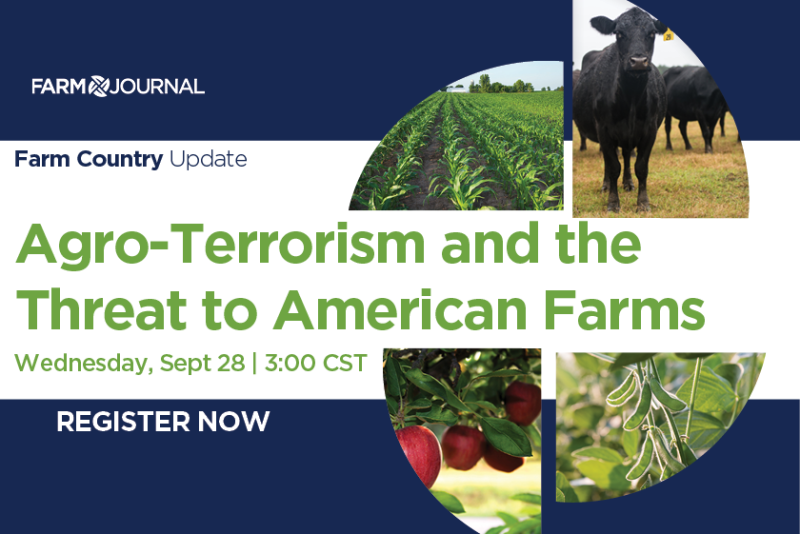 The free online event is titled “Agroterrorism Remains a Significant Threat to U.S. Farms and Food Supply” and is set for Wednesday, Sept. 28, 2022, at 3 p.m. CDT. 