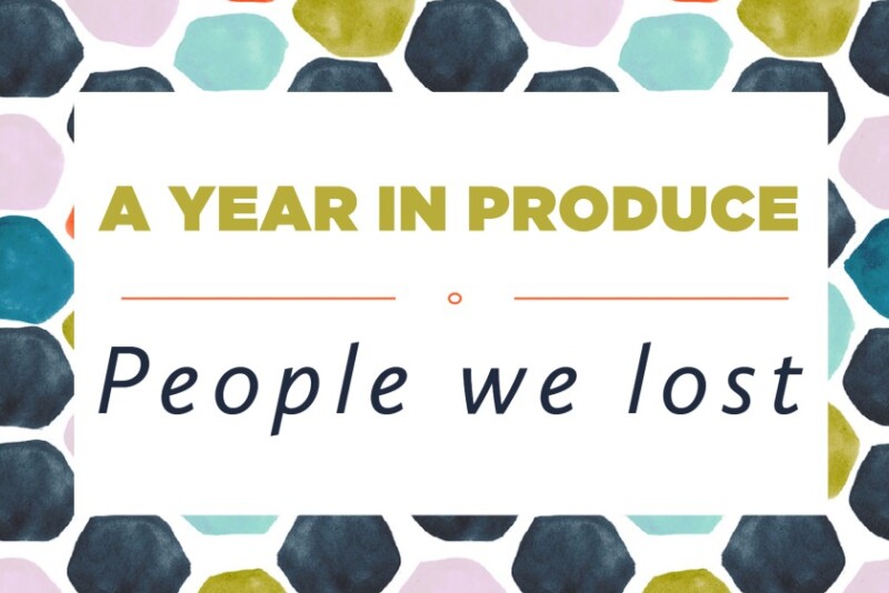 A white rectangle with the words "A year in produce" up top and "People we lost" at the bottom.