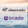 Climeworks and Ocado logos over ice water scene