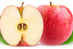 The inside of a half on an apple on the left faces the front, and a whole red apple is on the right.