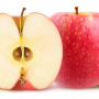 The inside of a half on an apple on the left faces the front, and a whole red apple is on the right.
