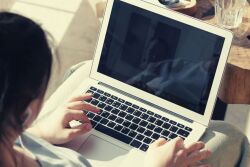 Working from home with laptop computer