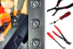 Tools to remove plastic pop rivets without damaging the surrounding surface come in several designs.