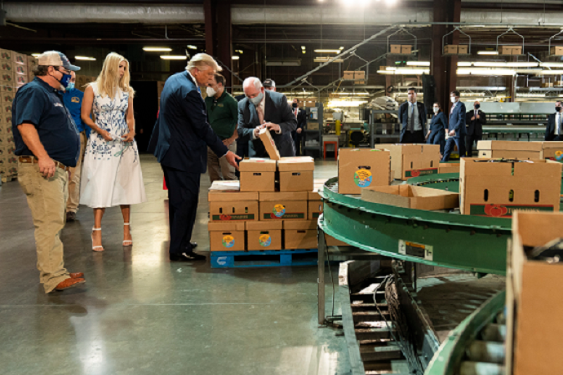 Presidential advisor Ivanka Trump and President Donald Trump on Aug. 24 visit Flavor 1st Growers and Packers at Mills River, N.C., where he announced an extra $1 billion to the Farmers to Families Food Box Program.