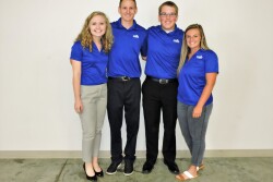 Laura Mincks (senior, Agricultural and Life Sciences Education, Columbus Junction, Iowa), Josh Carlson (senior, Ag Studies, Gowrie, Iowa), Josh Halbur (junior, Ag Systems Technology, Breda, Iowa) and Kate Collins (senior, Ag Business, Adel, Iowa) were part of the Landus Cooperative app project team recognized with a global award.