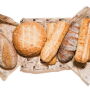 La Brea Bakery Reserve pain de Campagne loaf, Italian round, Reserve sourdough demi-baguette, Reserve Fortuna wheat loaf, Reserve French demi-baguette, and Reserve Struan loaf.