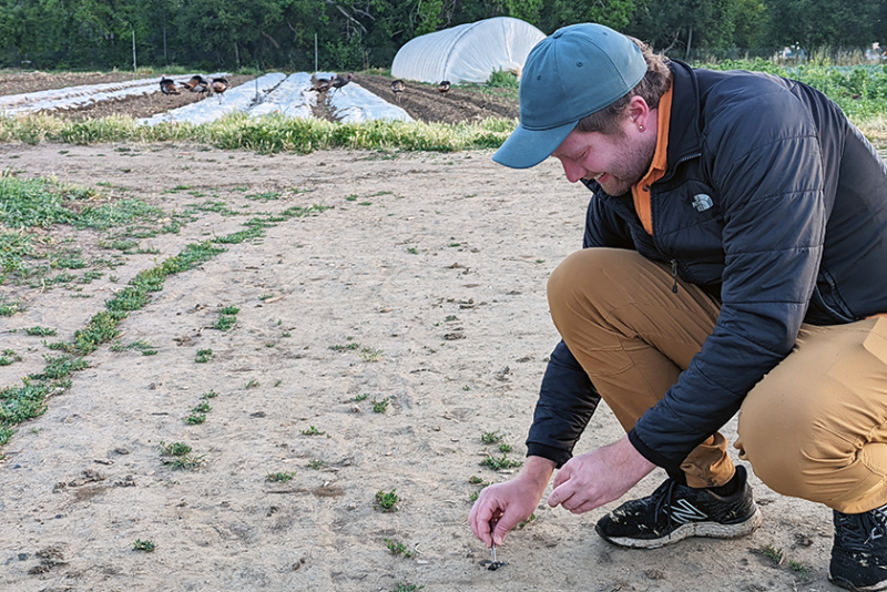 A man wearing a blue ball cap, black jacket and tan pants squats down to pick up bird feces from the ground.
