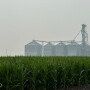 A light blanket of smoke envelops a set of grain bins on an Illinois farm on Wednesday morning.