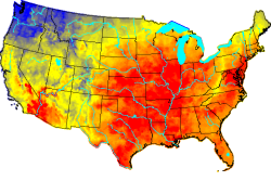 The USDA's cattle heat-stress forecast shows much of the eastern and central states under risk of dangerous to emergency heat stress as this week progresses.
