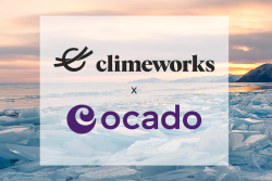 Climeworks and Ocado logos over ice water scene