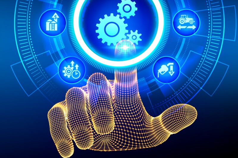 A graphic of a hand made out of points of light pushing a gear icon; very high tech looking.