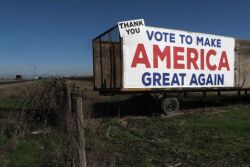 A Donald Trump sign along a highway near Los Banos, California.